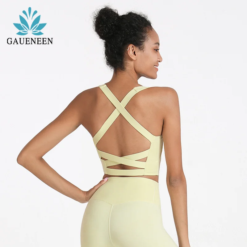 

GAUENEEN Cross Back Sports Bra Tank Top Running Fitness Yoga Underwear Women Push Up Bra Gym Vest Workout Sleeveless Crop Top