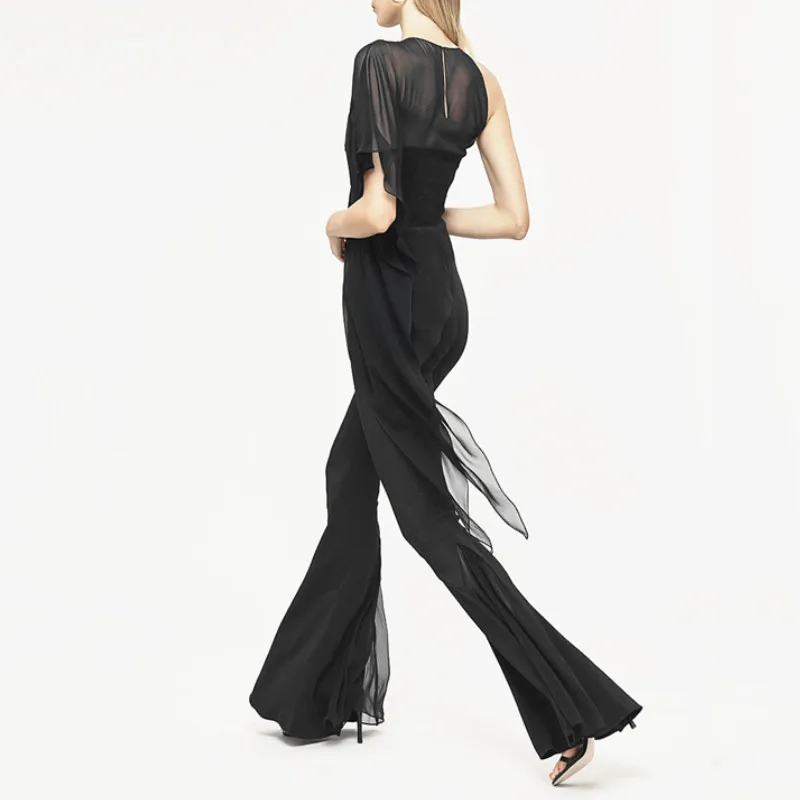 women's Floor length trousers European high-quality slim pants split with chiffon mesh stitching design big flare pants F1357