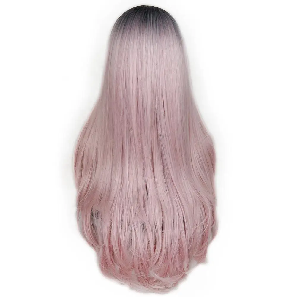 

Fave Ombre Black Pink Wig Dark Root Middle Part Long Natural StraightHair Heat Resistant Synthetic Daily Party Cosplay for Women