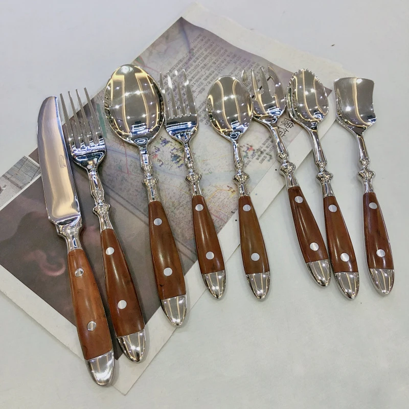 

Деревнной ручкой Таблица ножей набор вилка ложка Western столовые приборы Ложки Посуда Нержавеющая сталь классический посуда 1 шт