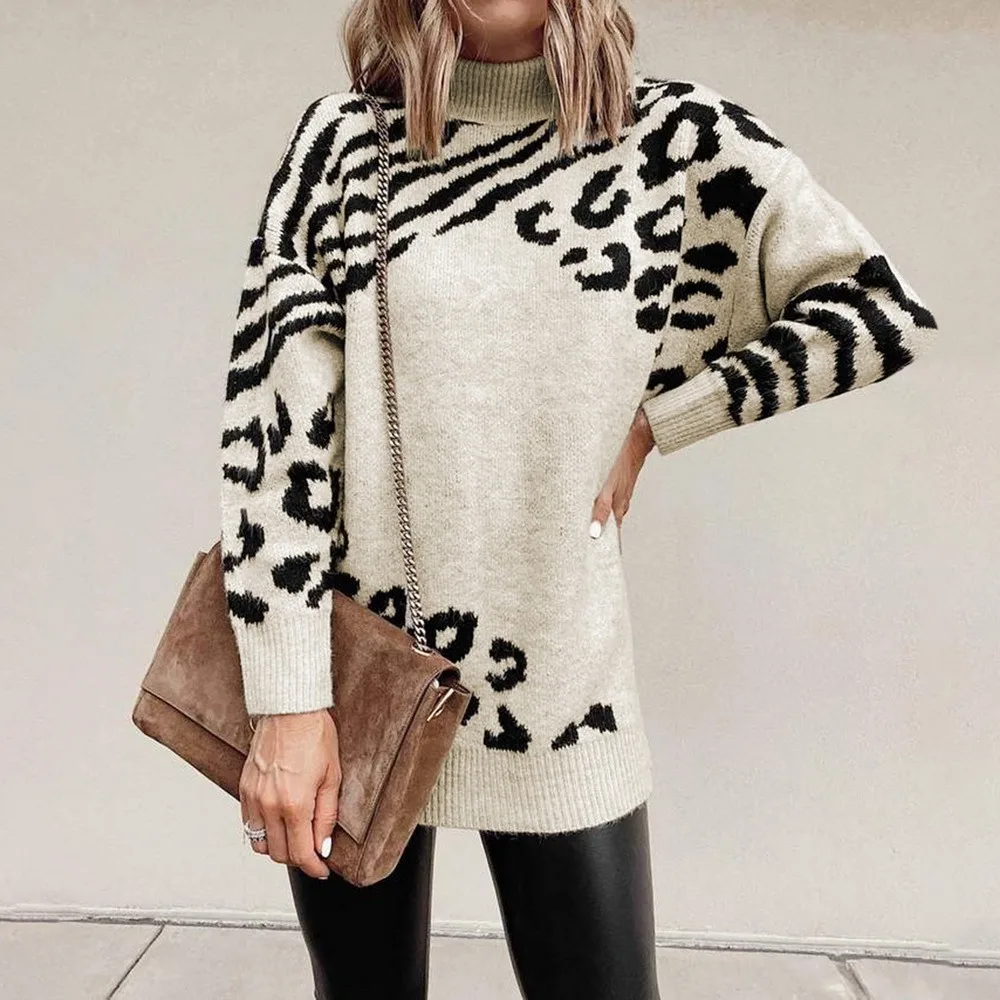 

Wome's Autumn Sweater Print Turtleneck Knitted Fashion Sweaters For Women Long Sleeve Baggy Jumpers Women Turtleneck Pullovers