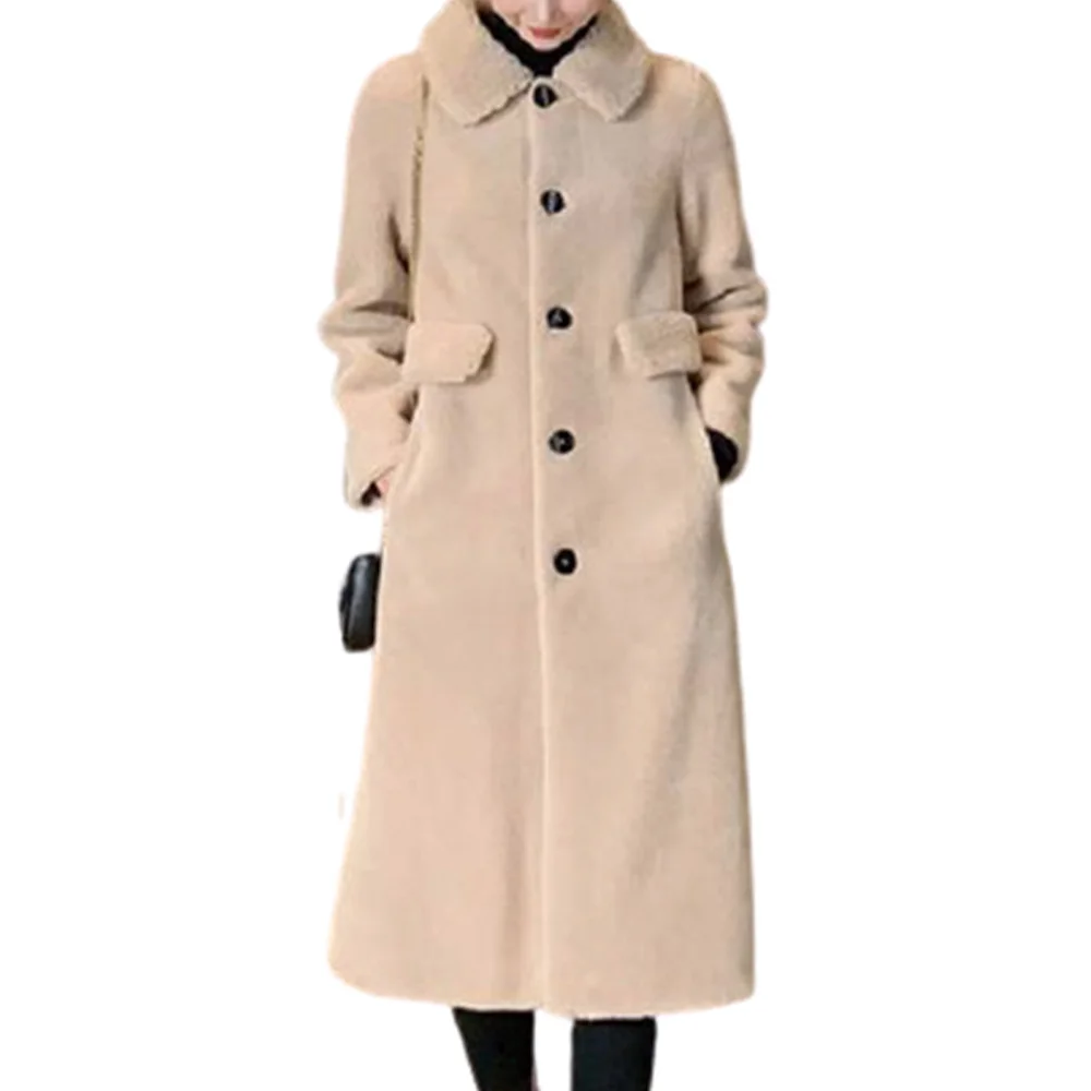

Женское однотонное теплое шерстяное пальто, флисовое пальто, однобортное пальто, Повседневная Длинная Верхняя одежда трапециевидной формы...
