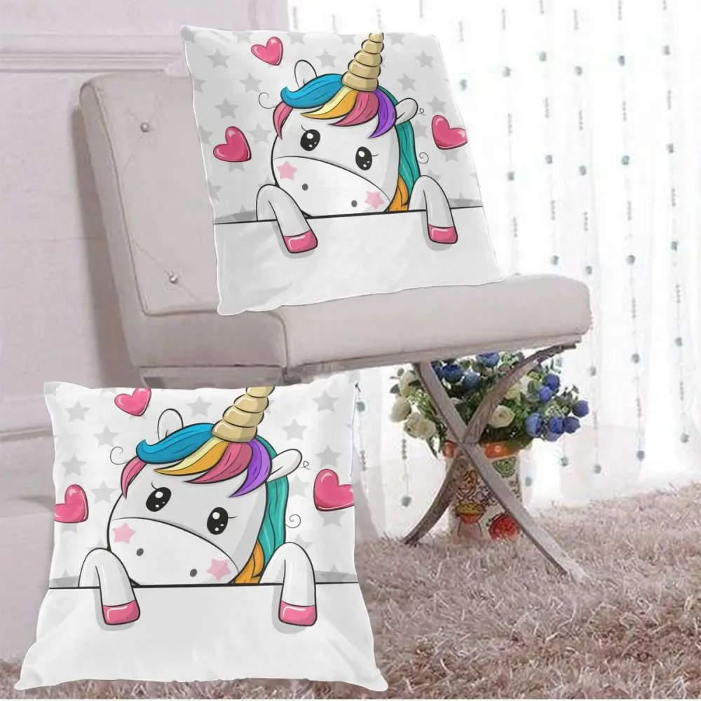 

Cartoon Unicorn Holding Placard Pillow Case Polyester Throw Pillow Case Decorative Pillowcases Cover