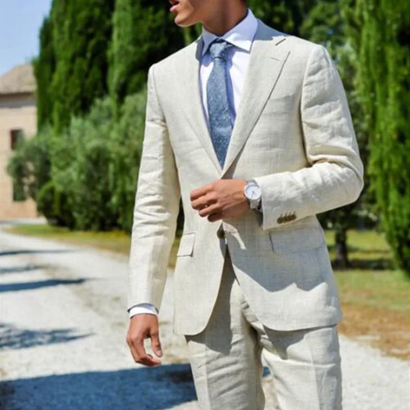 

ANNIEBRITNEY Light Grey 2 Piece Men Slim Linen Summer Suit 2020 Summer Beach Groom Wedding Tuxedo Tailor Made Casual Men Suit