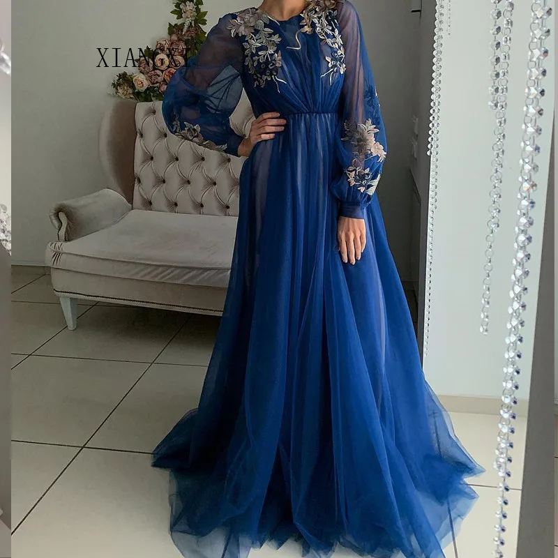 Ярко синие вечерние платья Vestidos 2020 Длинные трапециевидные в пол с длинными