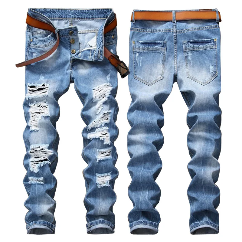 

Men’s High Quality Ripped Blue Jeans,Slim-fit Straight Denim Pants,Hard-washed&Distressed Hole Scratched Casual Jeans;