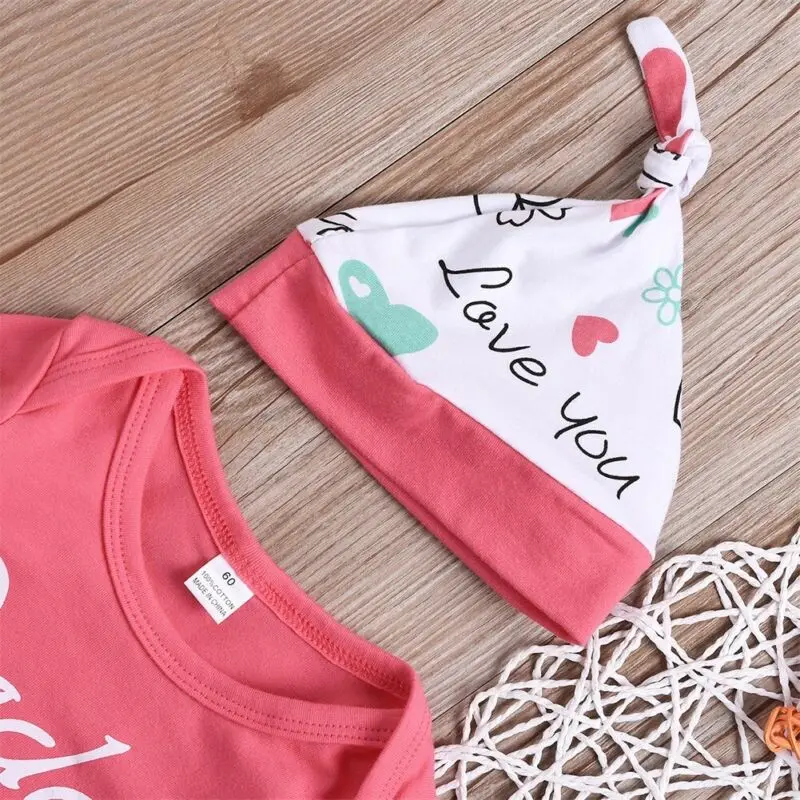

2020 Valentine's Day Newborn Infant Baby Girl Clothes Letter Romper Top Heart Pants Hat Sweet 4Pcs Outfits Sets Spring Clothing