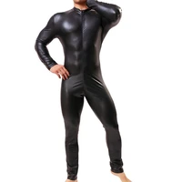 sexy men leather jumpsuits wet look club wear outfit bodysuits gay leotard men undershirt leather underwear for men with zippers