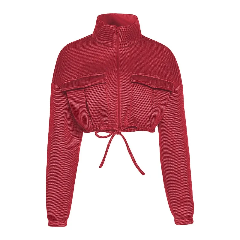 

Autumn Spring Women Coat Trend Turtleneck Zipper Pocket Crop Jacket Solid Slim Drawstring Female Outerwear Hot