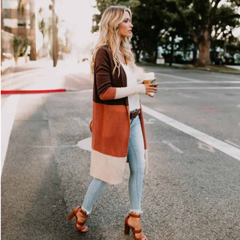 Autumn and winter casual long-sleeved three-color stitching cardigan women's clothing |