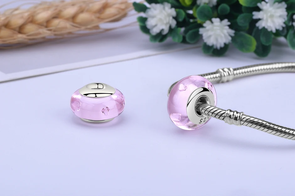 Стеклянные бусины подходят для браслета Pandora, подлинные 925 пробы серебряные амулеты, оригинальное сердце, цветок, бусины из муранского стекла для женщин, сделай сам, изготовление ювелирных изделий