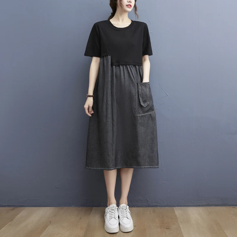 

2021 Summer New Plus Size Women Shirt Dress Vintage Spliced Black Cotton Denim Sundress Loose Casual Lady Dress Pockets