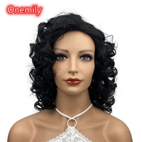 onemily medium length wavy wave curly heat resistant synthetic hair wigs for women girls with bangs party evening out black