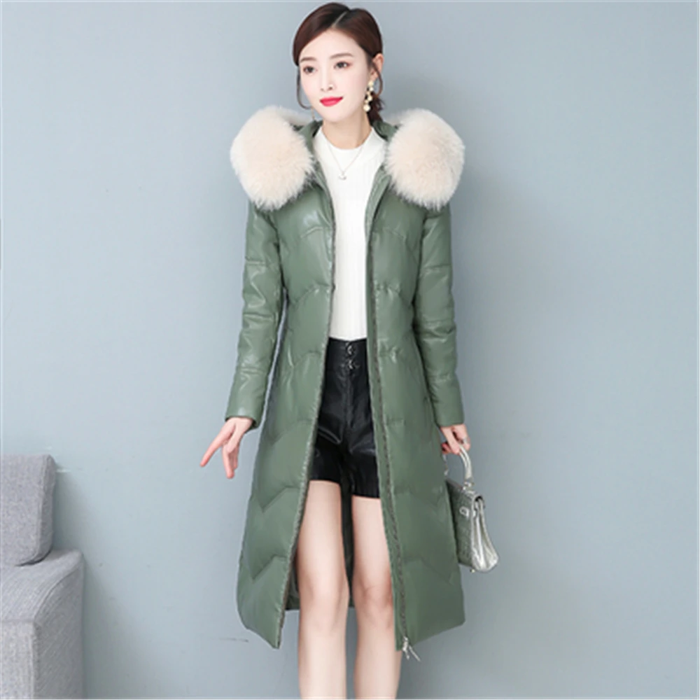 Женская куртка из овечьей кожи Длинная зимняя парка на белом утином пуху с