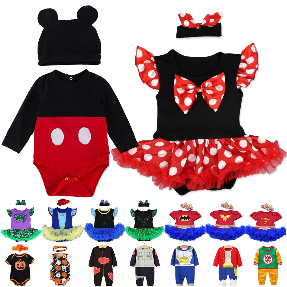

0-18M Boys and Girls Romper Princess Minnie Snow White Mermaid Dress Set for Baby Summer Infant Clothing Set Superheros Jumpsuit
