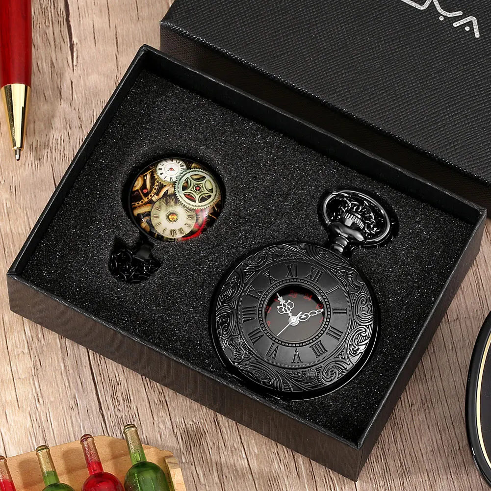 Men Classic Black Pocket Watch Quartz Roman Numeral Dial Clock Alloy Fob Chain Women's Pendant Nostalgic Gift Set for Boyfriend