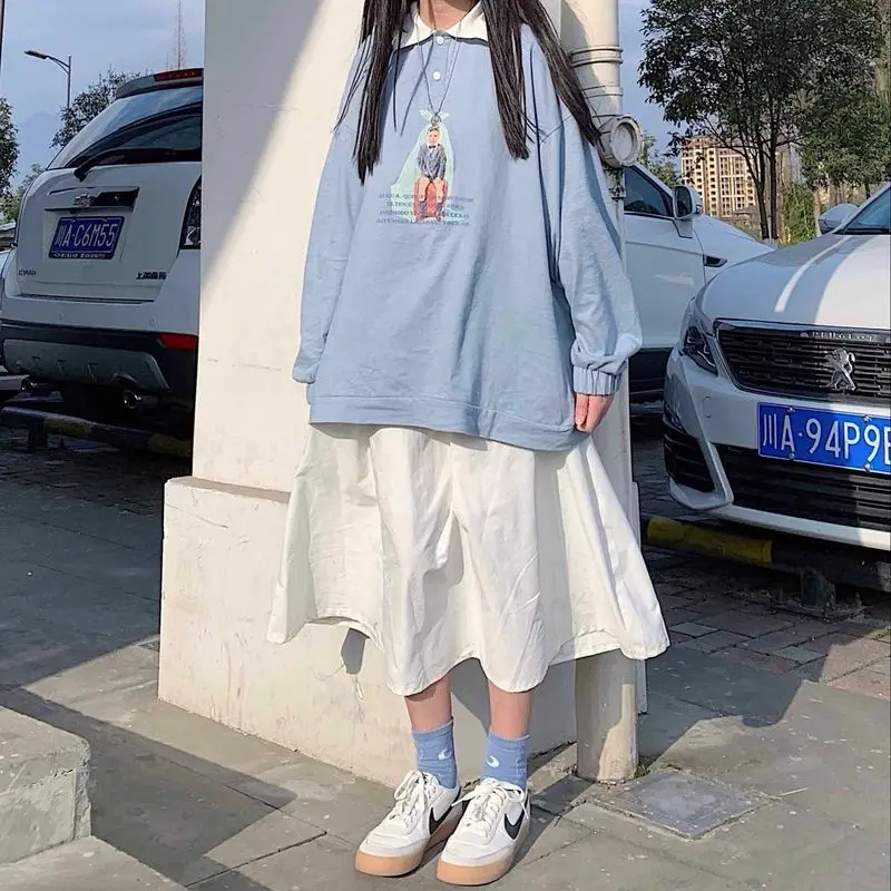 

2022SS Streetwear Suits Women's Korean Japan Kawaii Long-sleeved Funny Print Polo Shirt And White Skirt Hip Hop Two-piece Sets