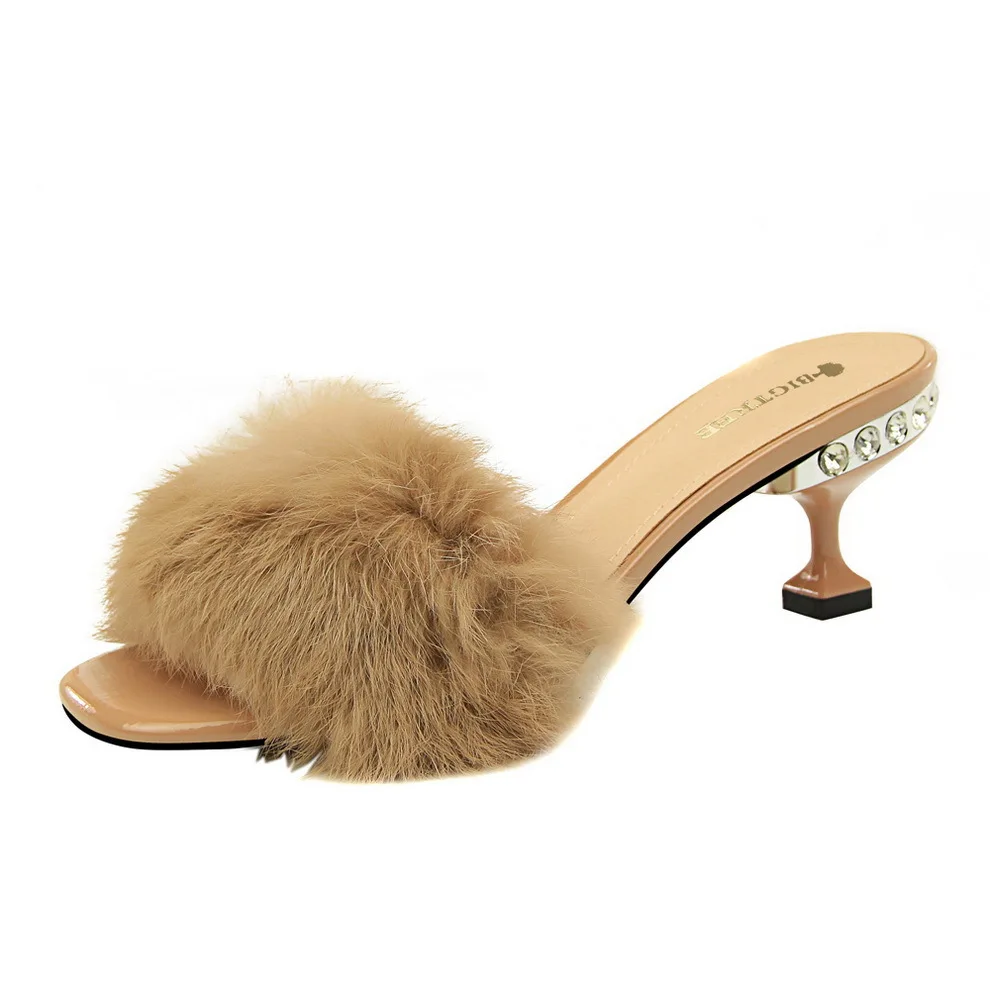 

Korean fashion elegant half slippers, Rhinestone thin heel, high heel, hairy rabbit hair with slippers