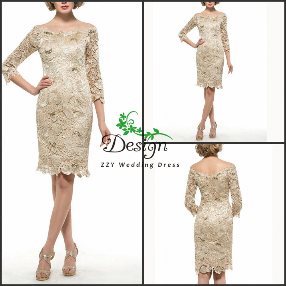 

Champange A-Line Lace Off The Shoulder Knee-Length Short Mother Dress 3/4 Sleeves Lace Custom-Made Vestido De Madrinha