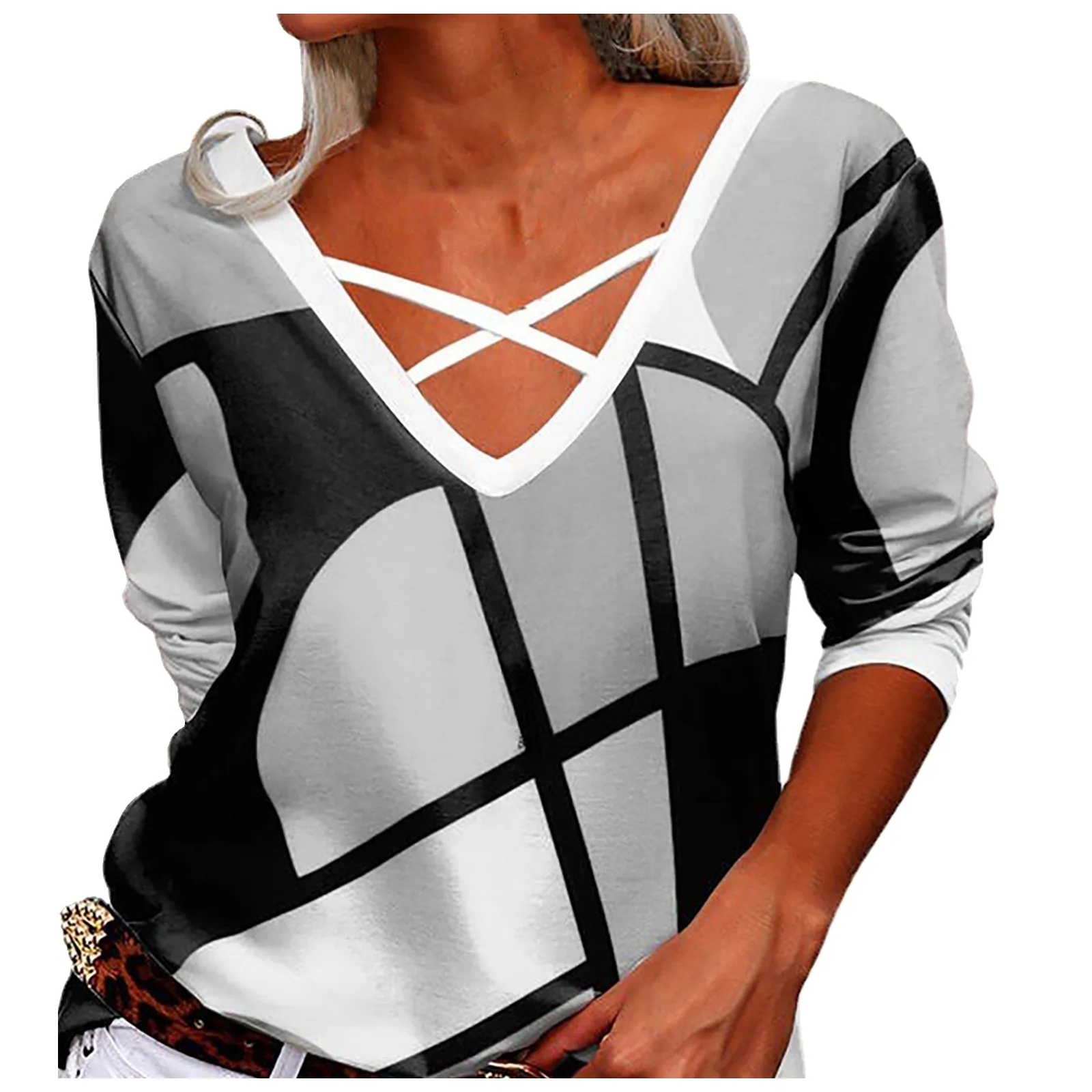 

Fashion Blouse Women's Long Sleeve Tops Casual Loose V-neck Geometric Print Top Plus Size Blouse Tops Blusas Mujer De Moda 2021