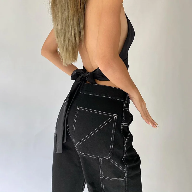 

2021 Women's Autumn New Yjdg Personalized Trend Solid Color Bright Line Pants Denim Casual Pants