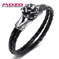 fashion new male jewelry black double layer leather bracelet stainless steel punk charm flower simple bangle