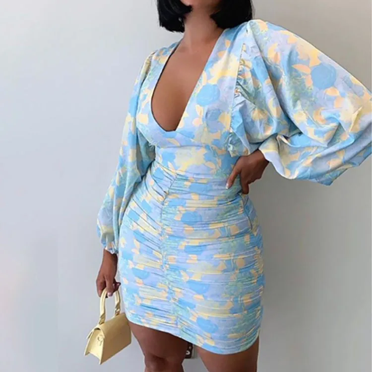 

Women Sexy Deep V Neck Floral Print Long Lantern Sleeve Ruched Dress 2021 Summer Elegant Female Bodycon Party Dress Vestido