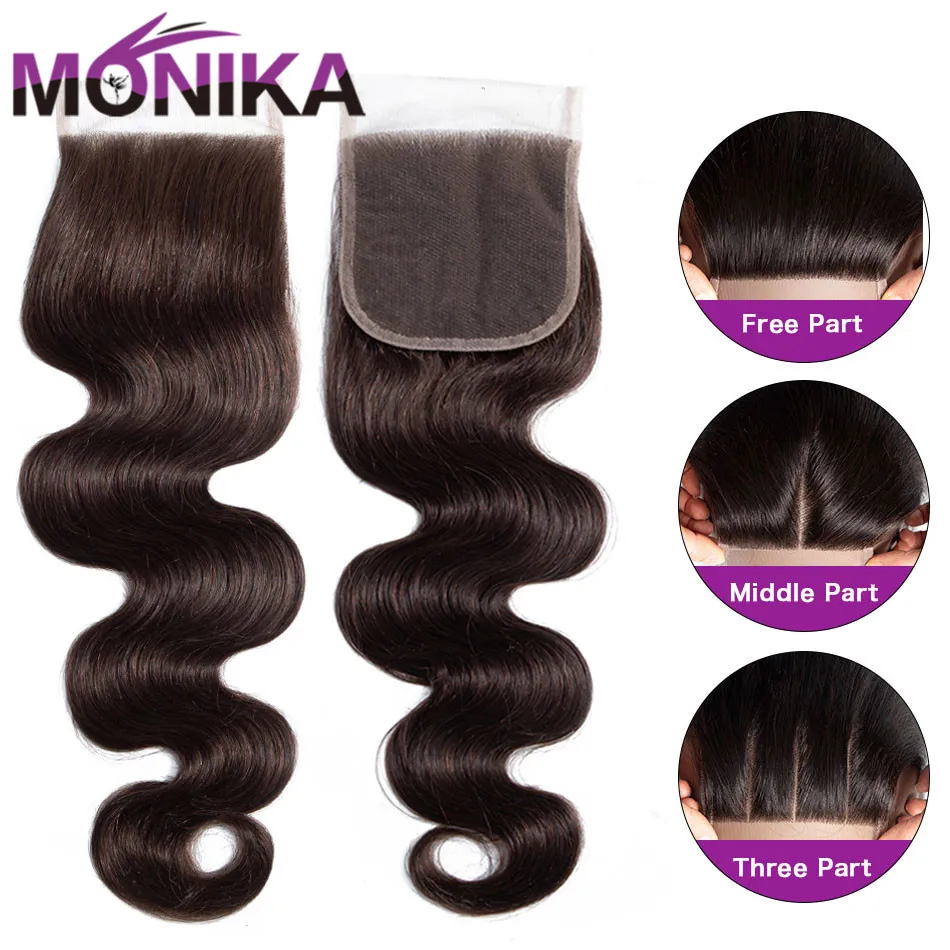 Monika закрытие волос 2#4# коричневые волосы бразильские объемные волнистые волосы 4x4 швейцарское кружево Закрытие не Remy Закрытие человеческих волос