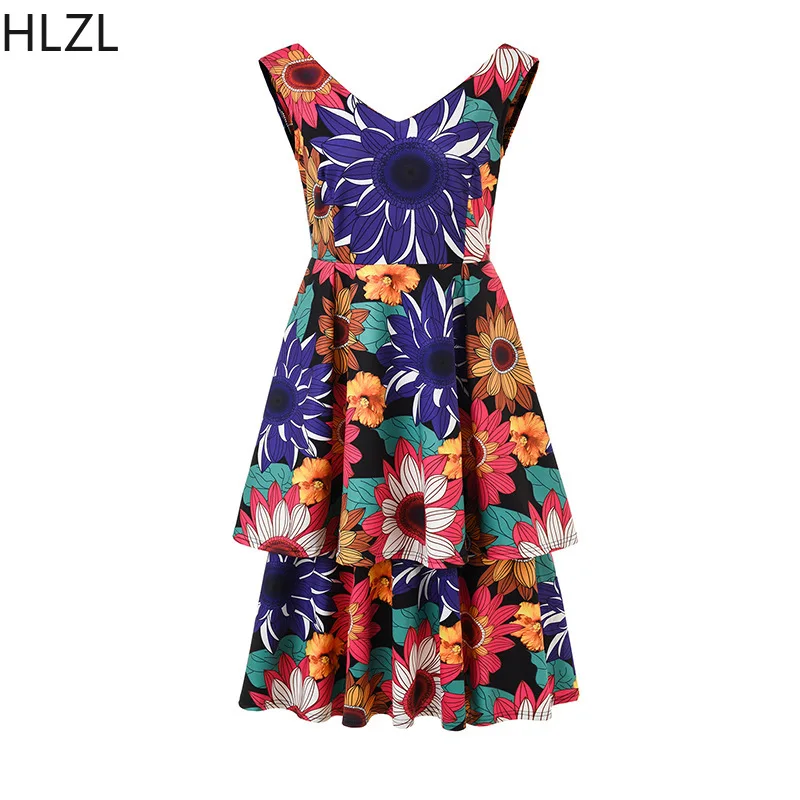 

Summer African Women Sundress Flower Printed Off Shoulder Sleeveless Layered Dress for Women Large Swing Tank Dresses Africa