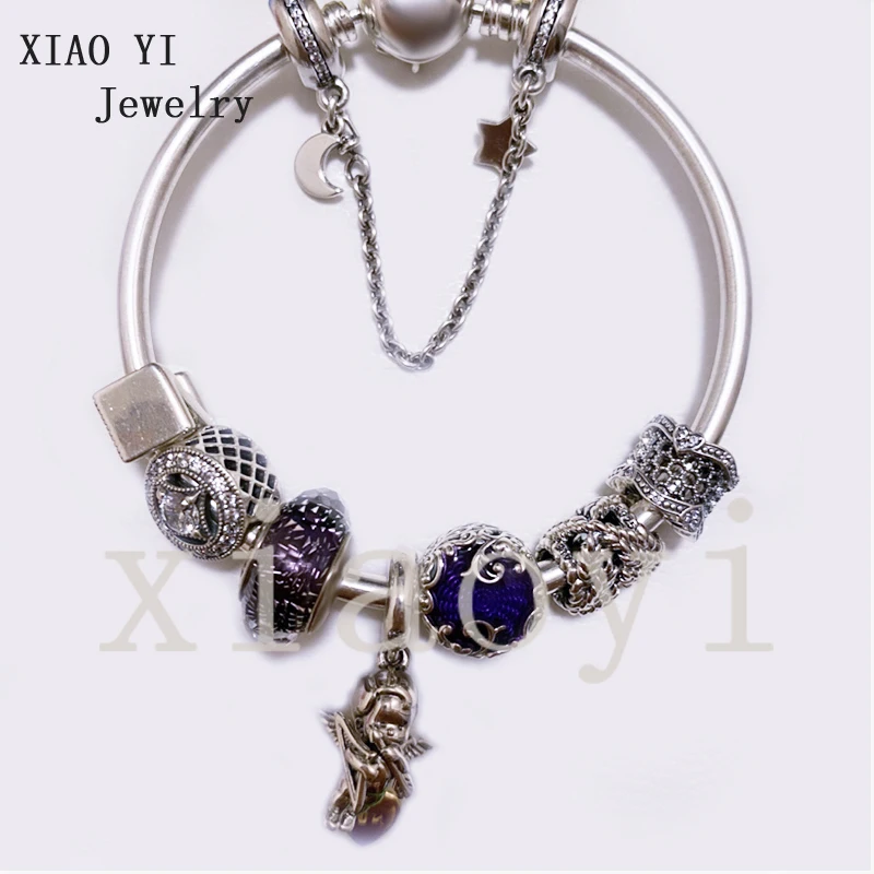 

XIAOYI 2020 new 100% s925 Blue wings love archery baby light glass honeycomb hollow star moon safety chain fashion bracelet