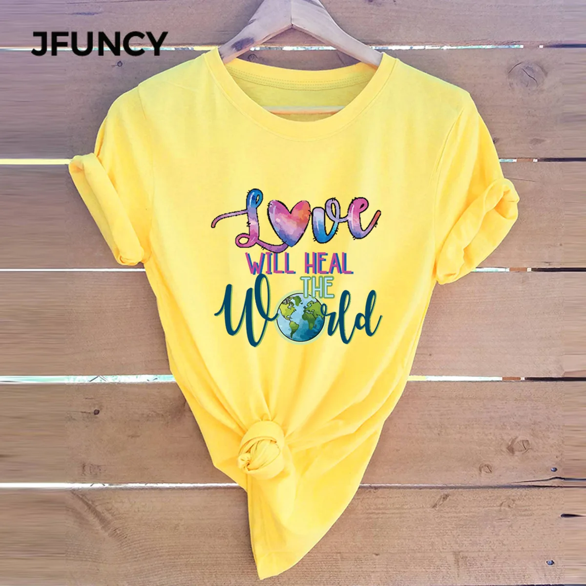 JFUNCY  S-5XL Women T Shirt Love Earth Letters Print T-Shirt 100% Cotton Woman TShirts Short Sleeve Tees Summer Tops