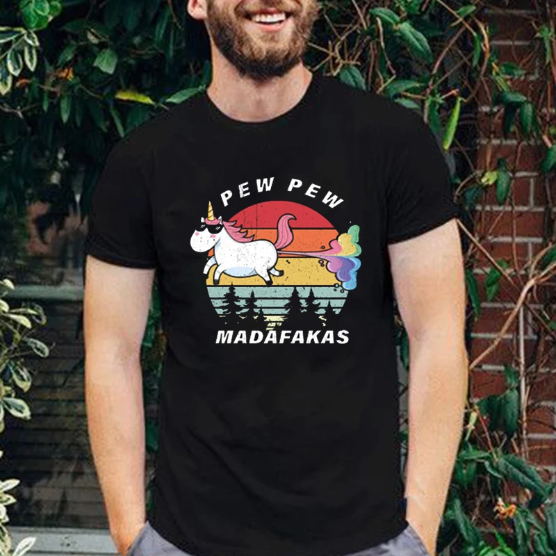 

Skull Whit Gun Skull Vintage Funny Print T-Shirt Pew Pew Madafakas Cartoon Cute Unicorn Graphic Tops Summer Casual Cotton Tee