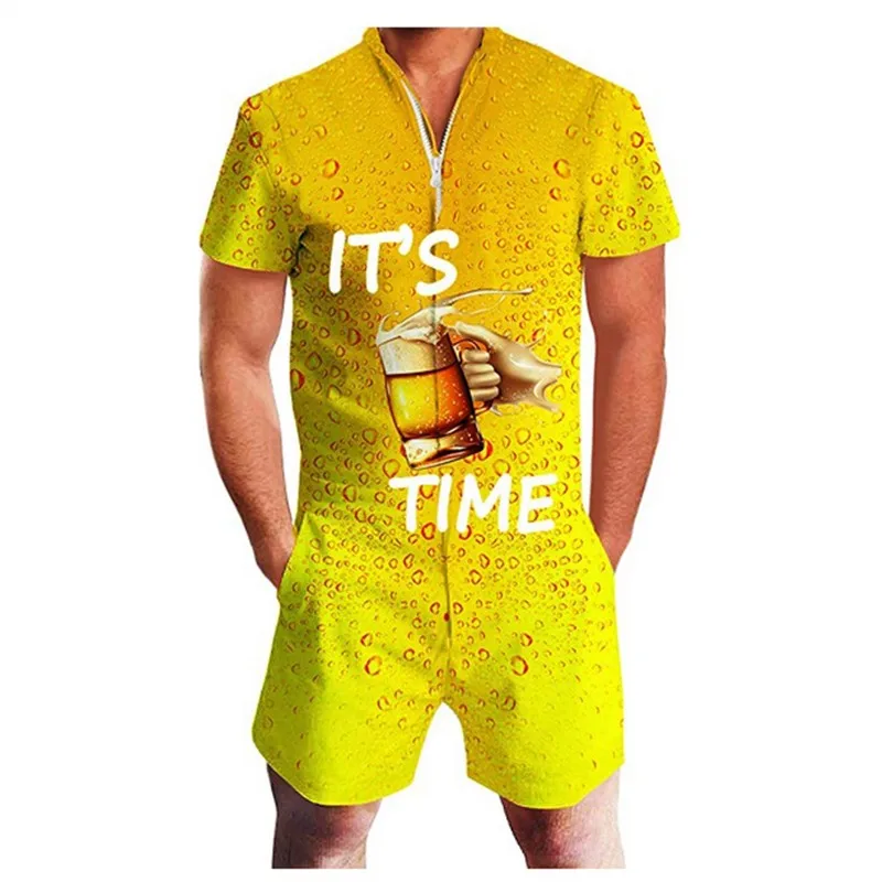 beer time New Mens Rompers 90s Jazz Solo 3D Paper Cup Printed Jumpsuit Harem Cargo Overalls Summer Hip-Hop Casual Bibs Pants Dropship - Цвет: beer time