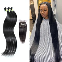 3 bundles with closure straight weave brazilian remy human hairy extension 4x4 lace closure 180 density for black women 30 inch