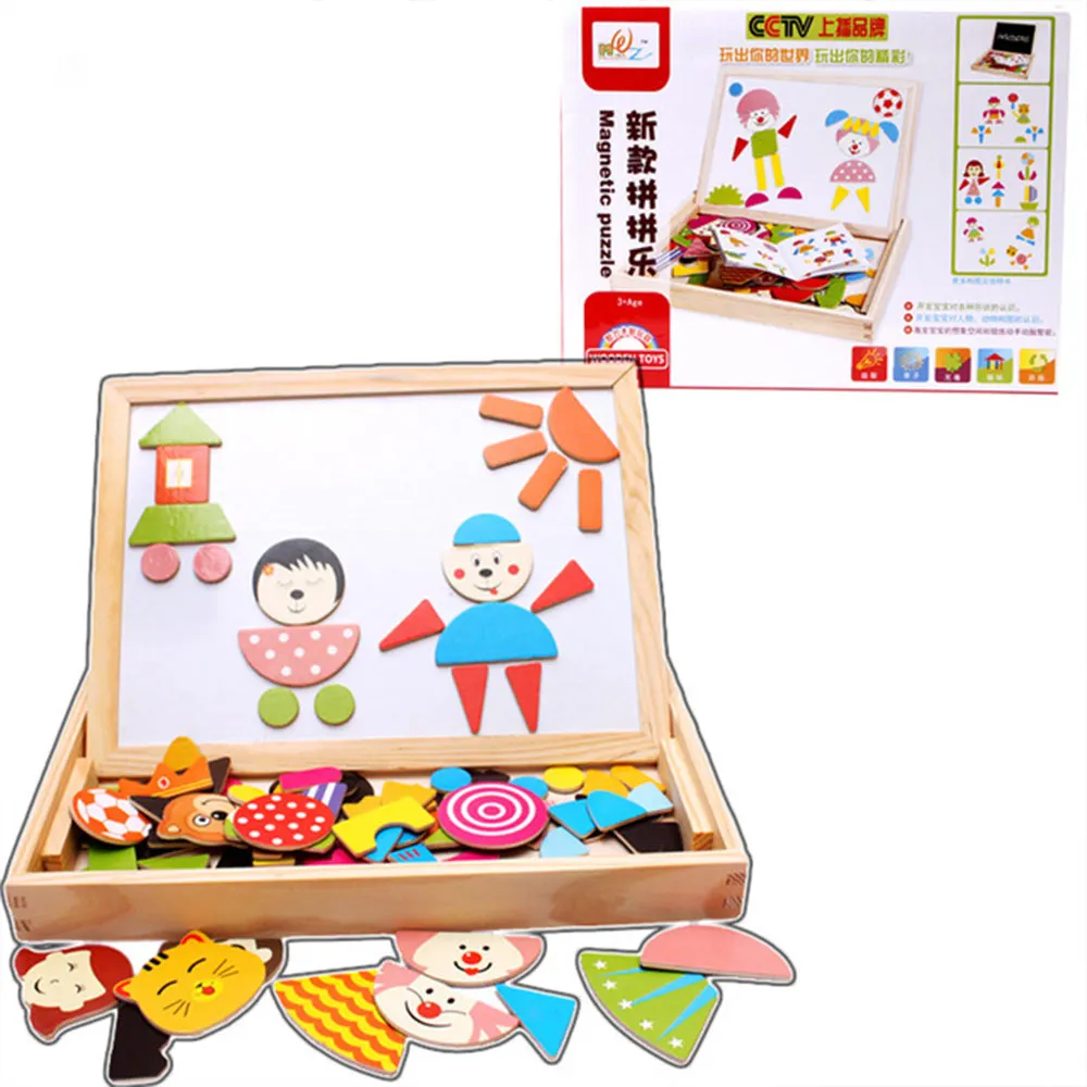 Child Animal Wooden Puzzles Kids Tangram Educational Gift Multifunctional Magnetic Puzzle Painting Board Toys Baby 3D Puzzle Toy - Color: WJ3550G
