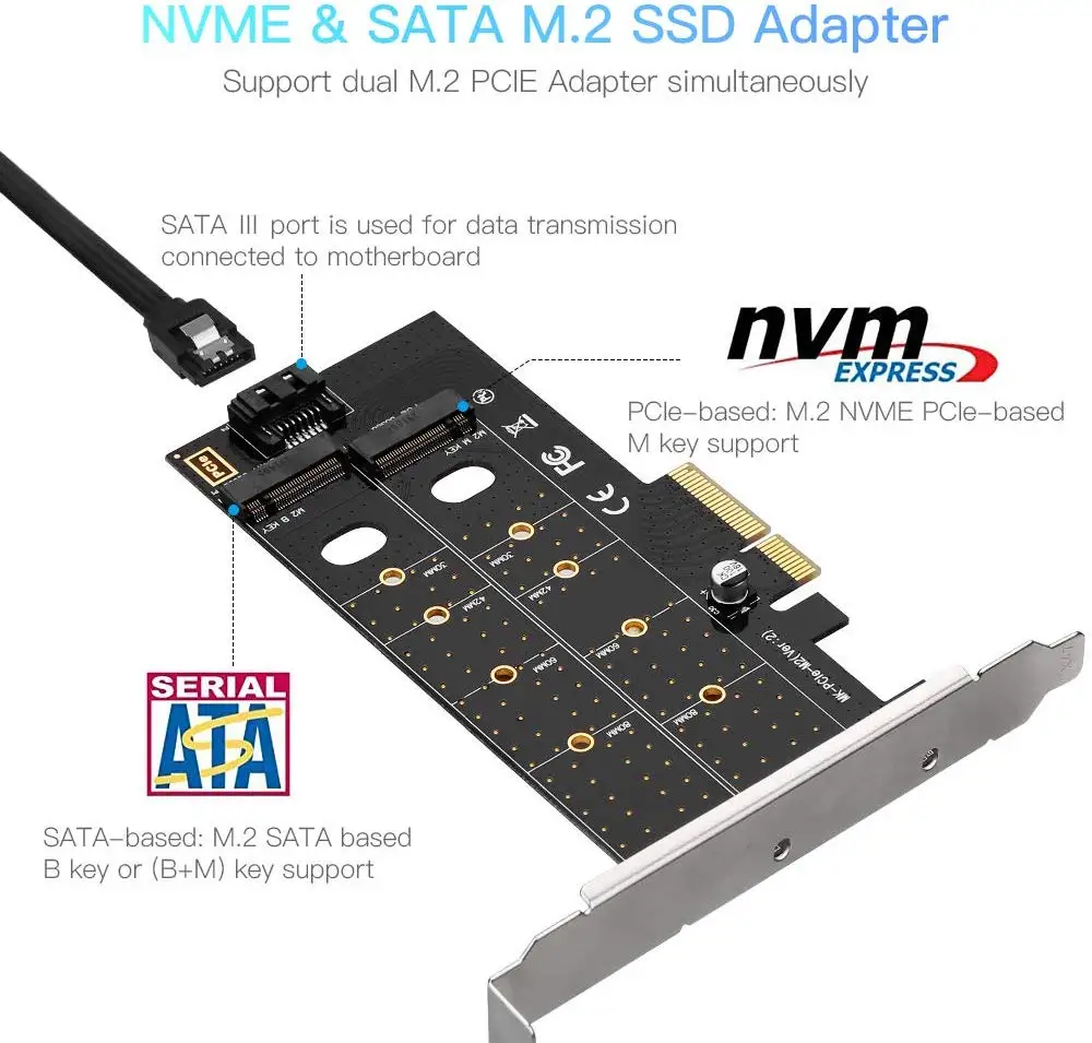 Адаптер PCIE Onvian 2 в 1 M.2 NGFF PCI e 3 0x4 на SATA или NVMe SSD Расширительная карта с поддержкой NVME