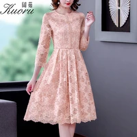 spring lace midi pink o neck vintage dress women autumn long sleeve vestiti donna eleganti solid color dresses for women party