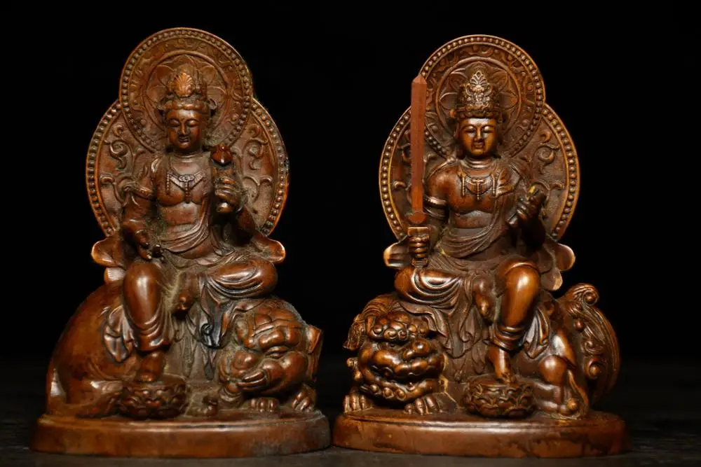 

5" China Lucky Seikos Boxwood Manjushri Bodhisattva Samantabhadra Avalokitesvara Buddha Statue A pair of Buddha statues