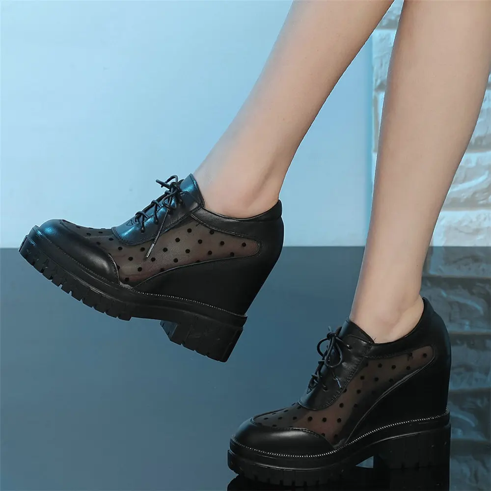 Summer Fashion Sneakers Women Genuine Leather High Heel Ankle Boots Female Breathable Lace Round Toe Platform Pumps Casual Shoes