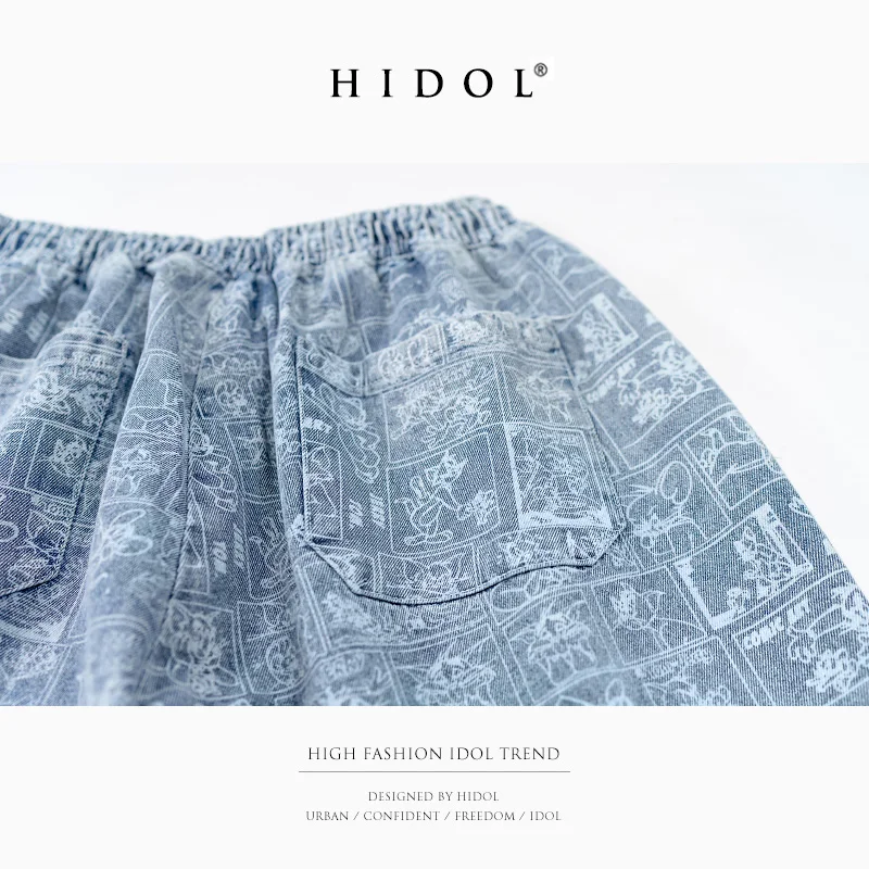 

HIDOL Shorts Denim Jeans Men Water Wash Blue/Black Hip Hop Pants Harem Pattern Flora Printed Cargo Trousers Elastic Waist Brand