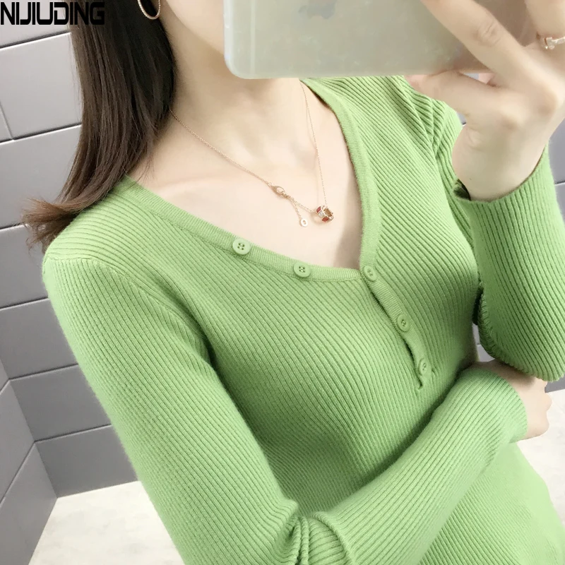 

Женская Нижняя рубашка NIJIUDING, универсальная модель, отличный осенний пуловер с длинными рукавами и V-образным вырезом