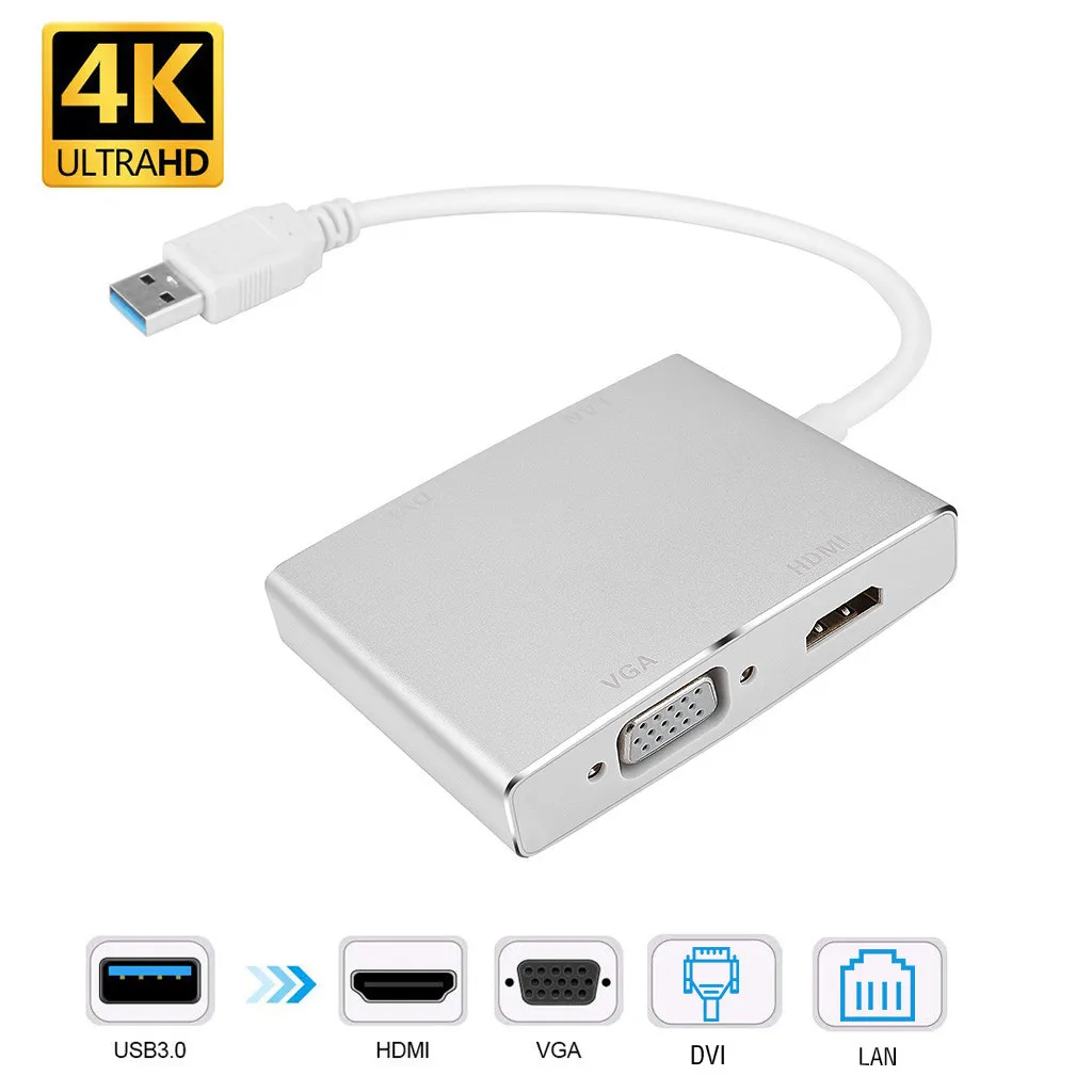 Адаптер 4 в 1 с USB 3 0 на DVI VGA HDMI HD LAN Ethernet RJ45 Gigabit|USB-хабы| |