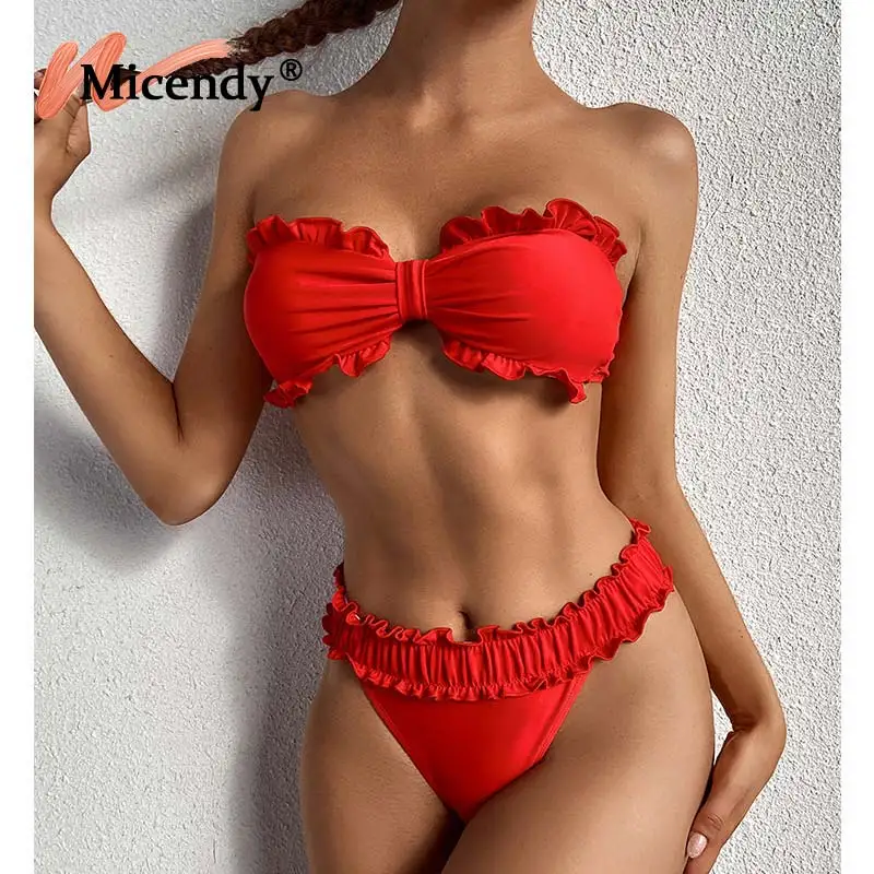 

Micendy Red Bandeau Bikini Women Swimsuit Sexy Push Up Swimwear Summer Knotted Bathing Suit Beach Micro Folds Bikini Sets Ruched