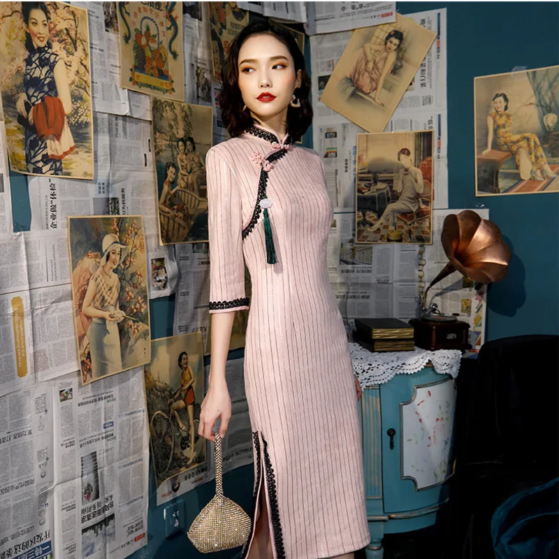 Sheng Coco Платья До Колена Qipao осенние Чонсам Qi Pao Женские китайские ретро семь с длинными рукавами таможенное платье Qipao