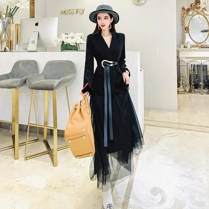 

2021 Spring Autumn Suit Jacket + Mesh Skirt Two-piece Suit Women Plus Size Professional Noble Female Suit/Sets Y315