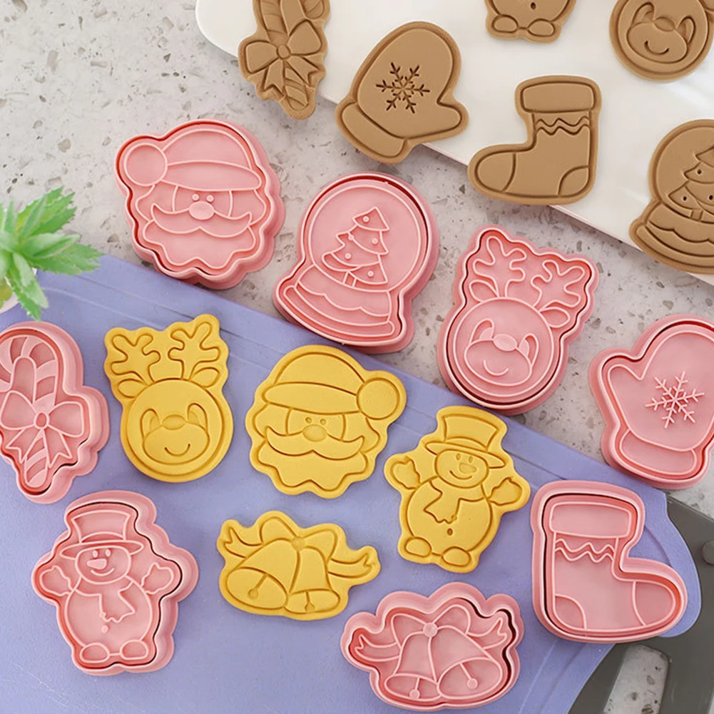 

1set Christmas Cookie Cutters Baking Mold Plastic Santa Claus Head Snowman Gloves Bells Cane Christmas Sock Reindeer Head