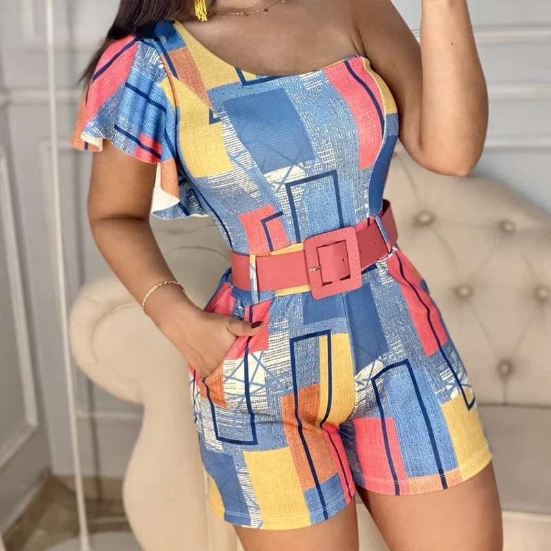 

Женский комбинезон с одним плечом, повседневный комбинезон с асимметричным поясом и прямыми шортами, подходящие по цвету, лето 2021