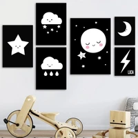 black and white nordic poster cartoon moon cloud star lightning canvas prints wall art picture nursery baby kid room decor mural