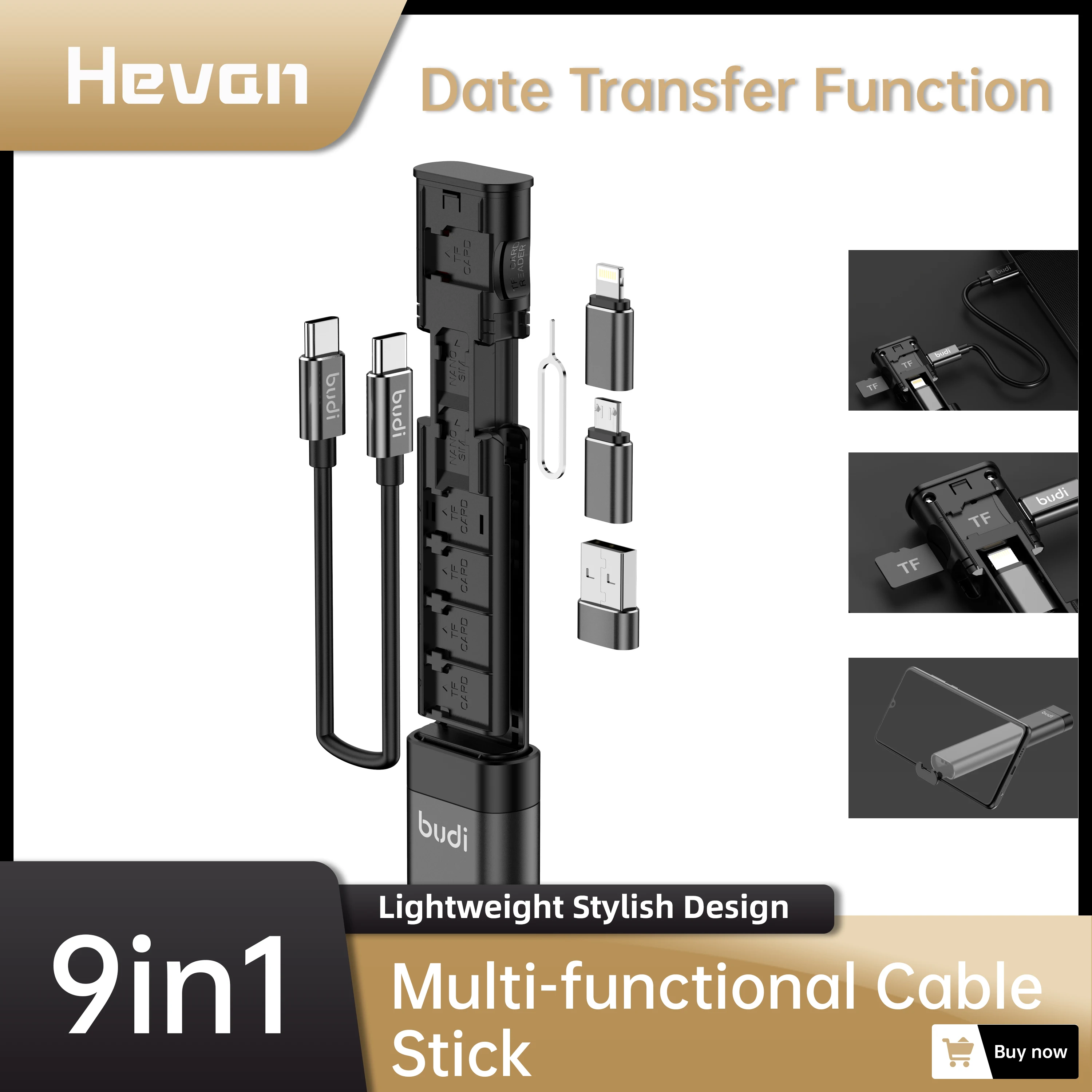 Vara com tipo c para Usb Transferência de Data 9 em 1 Budi Multi-funcional Cabo Conector Sim Kit tf Cartão Slot Memery Leitor Câmera c