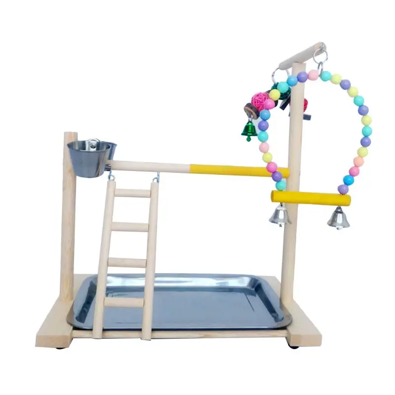 

Wooden Bird Perch Stand Parrot Platform Playground Exercise Gym Playstand Ladder Toys with Feeder Cups Stainless Steel Tray Cage